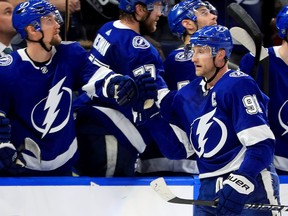 Steven Stamkos of the Tampa Bay Lightning celebrates a goal during a game against the Calgary Flames at Amalie Arena on Feb. 12, 2019 in Tampa, Florida. (Mike Ehrmann/Getty Images)