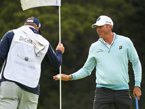 Matt Kuchar reacts to hitting a birdie during the continuation of the first round of the Genesis Open in Pacific Palisades, Calif., yesterday.  Getty Images