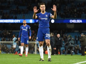 Chelsea defender Cesar Azpilicueta applauds the fans following Sunday's loss to Manchester City. (GETTY IMAGES)