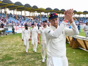 Joe Root of England waves to supporters after winning at the end of day 4 of the third and final Test against West Indies. (GETTY IMAGES)