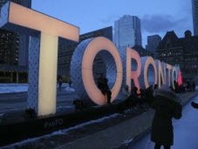 The Toronto sign at Nathan Phillips Square was lit up in gold on Feb. 11, 2019.