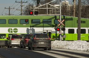 A GO train crosses Galloway Rd., south of Kingston Rd., on Feb. 1, 2019. (Ernest Doroszuk, Toronto Sun)