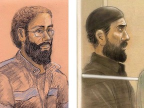 Artist sketches of Chiheb Esseghaier, left, and Raed Jaser.