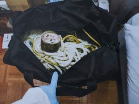 Hand out image from Bruce McArthur sentencing hearing -- duffle bag of murder tools. (Court Exhibit, Toronto Sun)