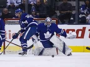 Freddy Andersen’s 100th win as a Leaf, just the eighth goalie to do it in 101 years, was rooted in 15 first-period saves that stopped Buffalo. (Jack Boland/Toronto Sun)