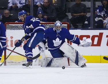 Freddy Andersen’s 100th win as a Leaf, just the eighth goalie to do it in 101 years, was rooted in 15 first-period saves that stopped Buffalo. (Jack Boland/Toronto Sun)
