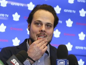 Maple Leafs’ Auston Matthews speaks during a news conference on Tuesday after his new five-year deal was announced. (VERONICA HENRI/TORONTO SUN)