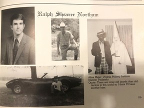 This image shows Virginia Gov. Ralph Northam's page in his 1984 Eastern Virginia Medical School yearbook. The page shows a picture, at right, of a person in blackface and another wearing a Ku Klux Klan hood next to different pictures of the governor.