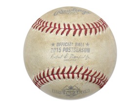 The baseball that outfielder Jose Bautista hit in the seventh inning of the Toronto Blue Jays wild win over the Texas Rangers in the 2015 American League Division Series, is shown in a handout photo.