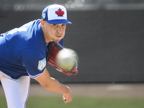 Toronto Blue Jays pitcher Aaron Sanchez throws a bullpen session during baseball spring training in Dunedin, Fla., on Friday, February 15, 2019. THE CANADIAN PRESS/Nathan Denette