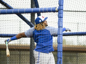 Vladimir Guerrero Jr., drills another line-drive homer during BP yesterday in Dunedin, Fla. Guerrero says one of his first tasks is to earn the trust of his veteran teammates.                                            THE CANADIAN PRESS/Nathan Denette