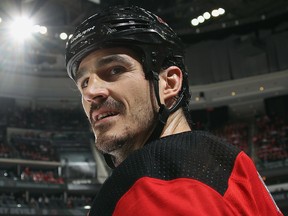 Brian Boyle of the New Jersey Devils looks at the Los Angeles Kings bench during a second period timeout at the Prudential Center on Feb. 5, 2019 in Newark, N.J.