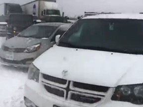 Vehicles involved in a pileup on Hwy. 400 southbound near Mapleview in Barrie on Feb. 25, 2019. (Screengrab)