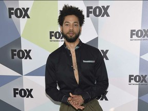 In this May 14, 2018 file photo, Jussie Smollett, a cast member in the TV series "Empire," attends the Fox Networks Group 2018 programming presentation afterparty in New York. Smollett is expressing anger over being attacked outside his Chicago apartment last month. Smollett, who plays a musician on the Fox Network's ''Empire'' talked about his ordeal during an interview with ABC News' Robin Roberts to be broadcast Thursday on "Good Morning America." He alleges he was the victim of an attack on Jan. 29 by two masked men who shouted racial and homophobic slurs at him.