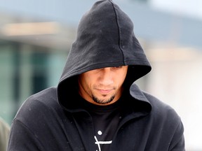 Former CFL star Chad Owens, who was arrested and charged with one count of assault, leaves Brampton Court on Tuesday, February 26, 2019. (Dave Abel/Toronto Sun)
