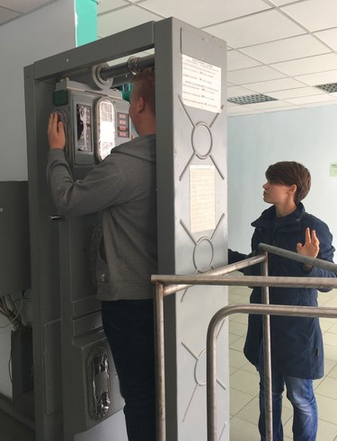 Before entering the cafeteria for lunch at the Chornobyl power plant, visitors must step into an old machine that measures their radiation levels. (Chris Doucette/Toronto Sun/Postmedia Network)