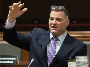 Former NHLer Eric Lindros waits to appear at the House of Commons' Health committee on sports-related concussions in Ottawa, Wednesday, Feb. 6, 2019.