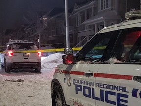 Durham Regional Police at the scene of a suspicious death on Langford St. in Oshawa on Feb. 27, 2019. (DRPS/Twitter)