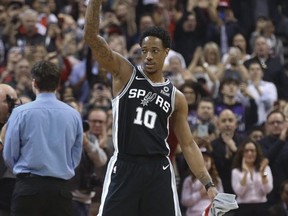 DeMar DeRozan of the San Antonio Spurs comes out for a standing ovation from the fans during a break in the first quarter in Toronto, Ont. on Friday, Feb. 22, 2019. (Jack Boland/Toronto Sun/Postmedia Network)