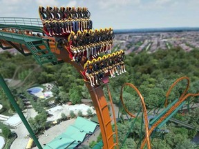 Artist's rendering of Yukon Striker, a new dive coaster set to open this spring at Canada's Wonderland in Vaughan, Ont.