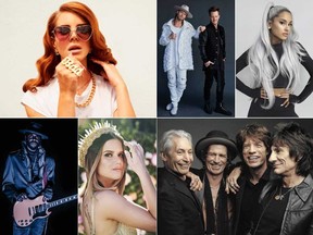 Clockwise from top left: Lana Del Rey, Florida Georgia Line, Ariana Grande, The Rolling Stones, Maren Morris and Gary Clark Jr.