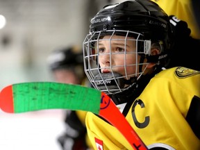 Bow River Bruins PeeWee 4 Black Jackson Pease looks on during play against the Crowfoot PeeWee 4 White in Semi-Final Minor Hockey Action at the Shouldice arena in Calgary on Thursday January 17, 2019. Darren Makowichuk/Postmedia