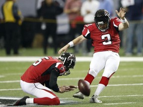 In this Jan. 14, 2017, file photo, Atlanta Falcons kicker Matt Bryant (3) warms up before the NFL football NFC divisional playoff game against the Seattle Seahawks in Atlanta. The Atlanta Falcons are releasing kicker Matt Bryant, ending the 10-year run of the team's all-time leading scorer, Wednesday, Feb. 6, 2019.