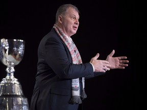 CFL commissioner Randy Ambrosie addresses the media during the State of the League news conference at Grey Cup week in Edmonton, Friday, November 23, 2018. THE CANADIAN PRESS/Jonathan Hayward