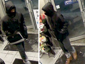 Surveillance images of a suspect in a gas station robbery in Ajax.