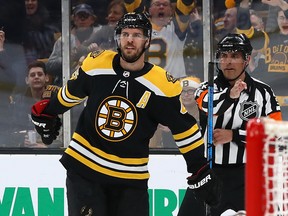 David Krejci #46 of the Boston Bruins celebrates after scoring a goal against the Chicago Blackhawks during the first period at TD Garden on February 12, 2019 in Boston, Massachusetts. (Photo by Maddie Meyer/Getty Images)