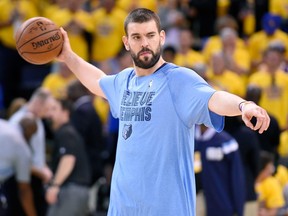 Marc Gasol warms up prior to the start of Game Two of the Western Conference Semifinals of the NBA Playoffs, Memphis Grizzlies vs Golden State Warriors, at ORACLE Arena on May 5, 2015 in Oakland, California.   (Photo by Thearon W. Henderson/Getty Images)