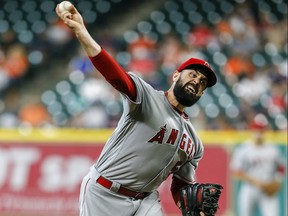 Matt Shoemaker, pitching last season for the Angels, is looking to put two injury-shortened years behind him after signing with the Blue Jays.  (Bob Levey/Getty Images)