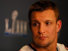 Rob Gronkowski of the New England Patriots speaks to the media on January 31, 2019 in Atlanta, Georgia. Super Bowl LIII could be his final NFL game. (KEVIN C. COX/Getty Images)