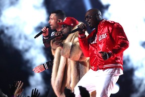 Adam Levine of Maroon 5, Big Boi, and Sleepy Brown perform during the Super Bowl LIII Halftime Show at Mercedes-Benz Stadium on February 3, 2019 in Atlanta. (Al Bello/Getty Images)