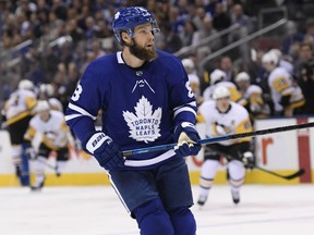 Toronto Maple Leafs newly acquired defenceman Jake Muzzin looks down ice during first period NHL action against the Pittsburgh Penguinsin Toronto on Saturday, Feb. 2, 2019.