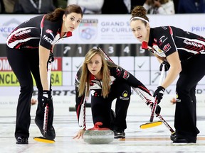Lead Lisa Weagle (left), skip Rachel Homan (centre) and second Joanne Courtney are joined by third Emma Miskew to form Team Homan. They improved to 6-1 in Elmira on Friday. (POSTMEDIA FILES)