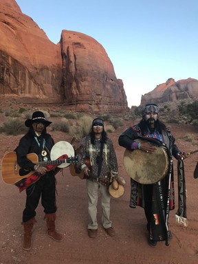 At Monument Valley, near the historic Gouldings Lodge, a group of musicians pose before performing at an outdoor cookout dinner. (Kim Pemberton photo)