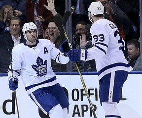 Maple Leafs centre John Tavares (left) scores in the second period against the Ducks during NHL action in Toronto on Monday, Feb. 4, 2019.