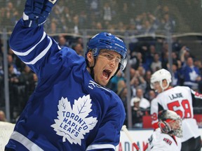 Andreas Johnsson was moved up to play with Nazem Kadri and William Nylander against the Colorado Avalanche on Tuesday night. (Claus Andersen/Getty Images)