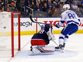 Nikita Kucherov of the Tampa Bay Lightning beats Joonas Korpisalo of the Columbus Blue Jackets on February 18, 2019 at Nationwide Arena in Columbus, Ohio. (Kirk Irwin/Getty Images)