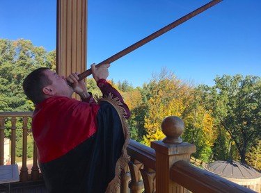 Petro Oliynyk has been living in the former Ukrainian president Viktor Yanukovych's mansion since the 2014 revolution and may play his trembita (an alpine horn) while showing visitors around. (Chris Doucette/Toronto Sun/Postmedia Network)