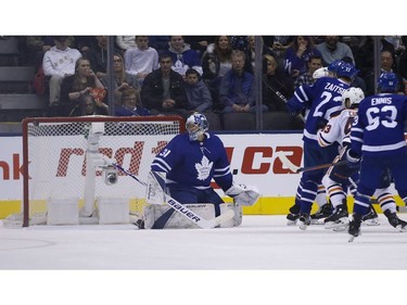Toronto Maple Leafs Frederik Andersen G (31) looks back after the puck hits the crossbar during the third period in Toronto on Wednesday February 27, 2019. Jack Boland/Toronto Sun/Postmedia Network