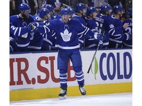 Toronto Maple Leafs Frederik Gauthier C (33) is congratulated after scoring during the second period in Toronto on Monday February 25, 2019. Jack Boland/Toronto Sun