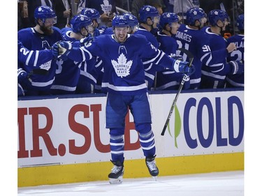 Toronto Maple Leafs Frederik Gauthier C (33) is congratulated after scoring during the second period in Toronto on Monday February 25, 2019. Jack Boland/Toronto Sun/Postmedia Network