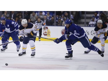 Buffalo Sabres Jeff Skinner LW (53) holds on to the stick of Toronto Maple Leafs Ron Hainsey D (2) during the second period in Toronto on Monday February 25, 2019. Jack Boland/Toronto Sun/Postmedia Network