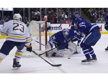 Toronto Maple Leafs Frederik Andersen G (31) tracks the puck as Buffalo Sabres Sam Reinhart C (23) tries to come in during the second period in Toronto on Tuesday February 26, 2019. Jack Boland/Toronto Sun/Postmedia Network