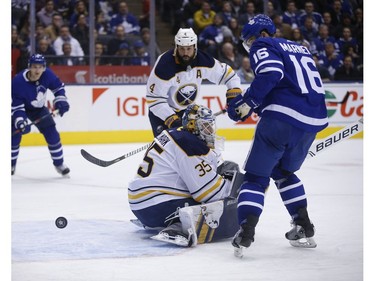 Toronto Maple Leafs Mitch Marner RW (16) watches the puck go wide of Buffalo Sabres Linus Ullmark G (35) during the third period in Toronto on Monday February 25, 2019. Jack Boland/Toronto Sun/Postmedia Network