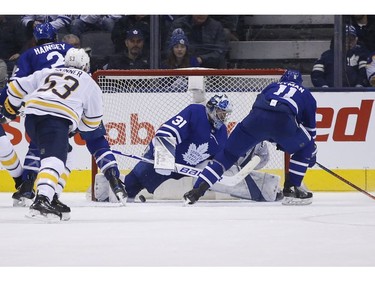 Toronto Maple Leafs Frederik Andersen G (31) stops Buffalo Sabres Linus Ullmark G (35) during the third period in Toronto on Monday February 25, 2019. Jack Boland/Toronto Sun/Postmedia Network