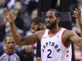 The usually stoic Toronto Raptors forward Kawhi Leonard was cracking wise with the media. 
(The Canadian Press)