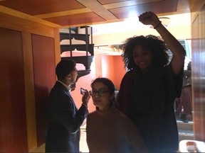 A protester (with arm raised) called Premier Doug Ford a “f—–g cracker.” (Brian Lilley, Toronto Sun)